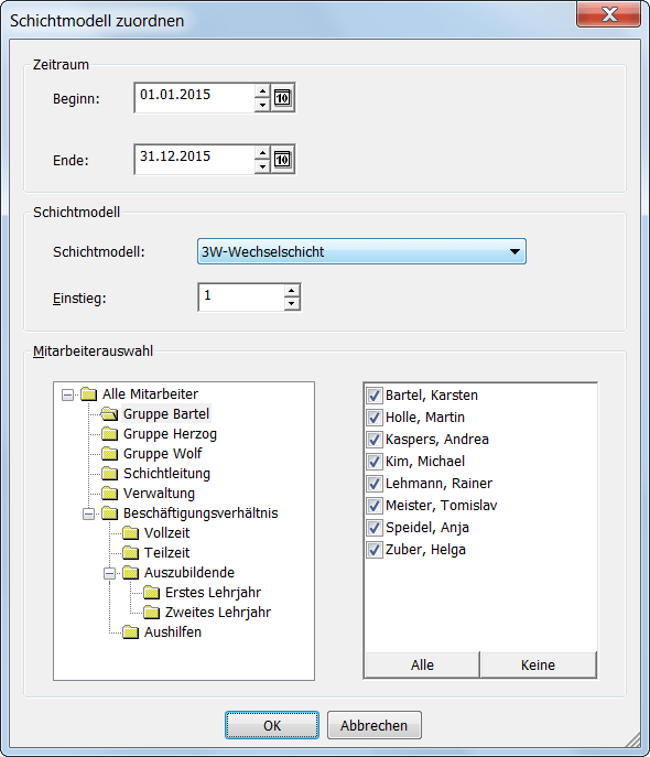 Zuordnung eines Schichtmodells für mehrere Mitarbeiter