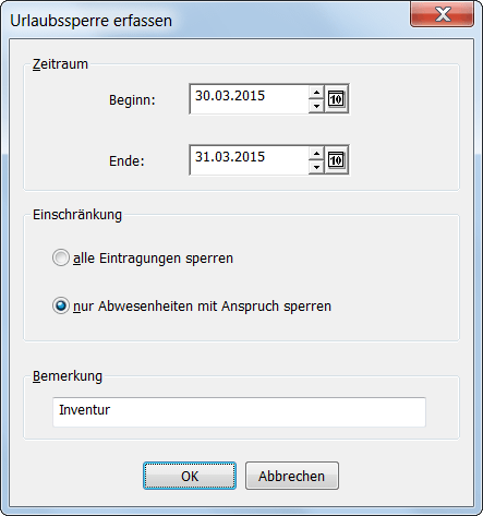 Eingabe einer Urlaubssperre