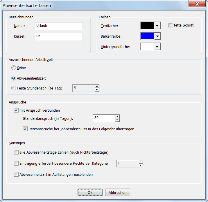 Eigenschaften einer Abwesenheitsart