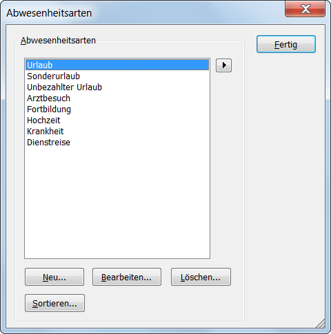 Verwaltungsfenster für Abwesenheitsarten