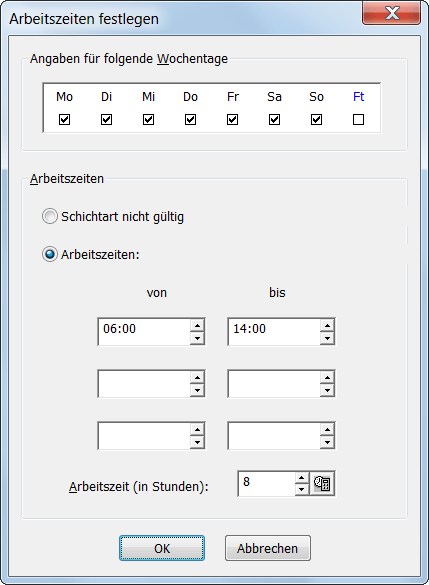 Arbeitszeiten einer Schichtart