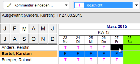 Eintragung im Dienstplan mit der linken Maustaste