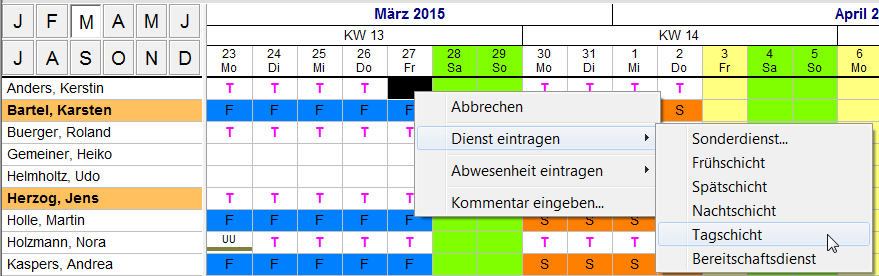 Eintragung im Dienstplan mit der rechten Maustaste über das Kontextmenü