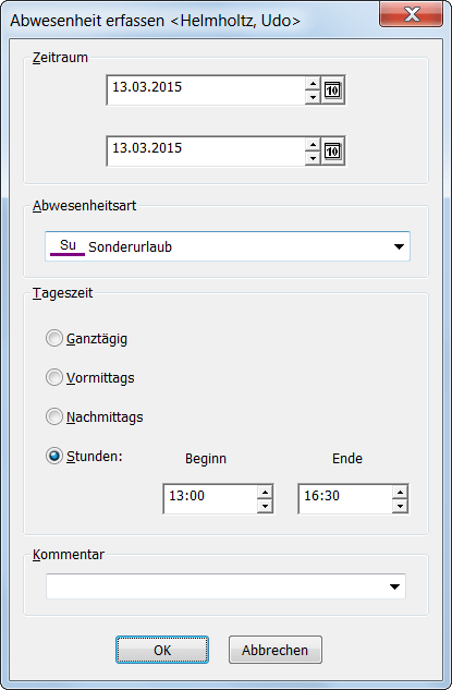 Abwesenheitseingabe mit Tageszeitangabe