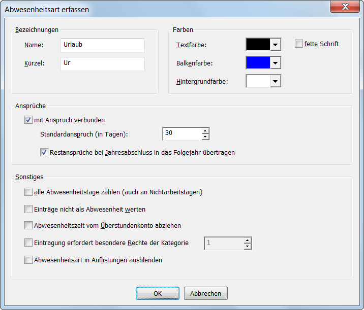 Eigenschaften einer Abwesenheitsart