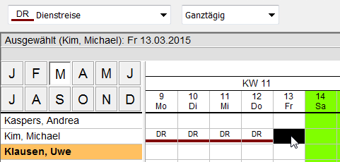 Eintragung im Dienstplan mit der linken Maustaste