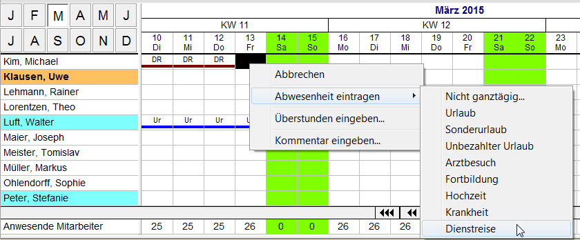 Eintragung im Dienstplan mit der rechten Maustaste über das Kontextmenü